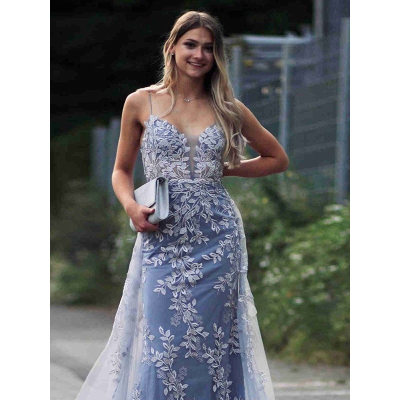 Sheath/Column Tulle Applique V-neck Sleeveless Sweep/Brush Train Dresses