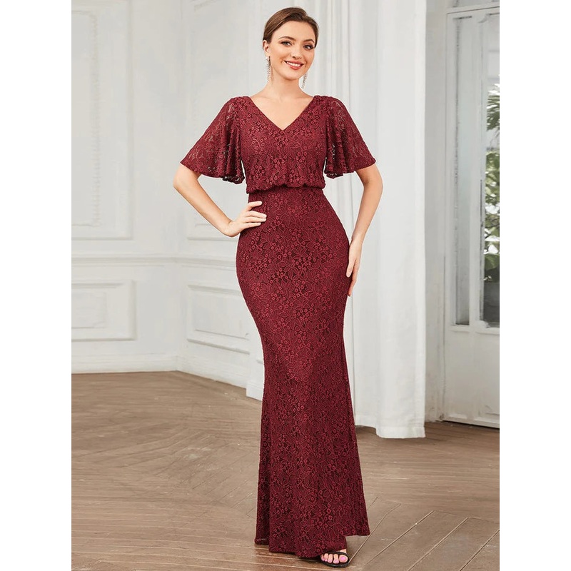 Short Cape Sleeve Embroidered Lace Bodycon Evening Dress