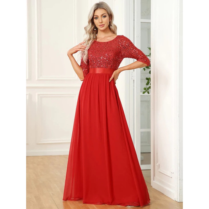 3/4 Sleeves Round Neck Sparkling Evening Dress With Sequin