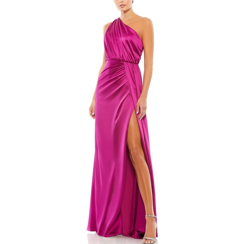 A-Line Evening Gown Elegant Dress Formal Wedding Floor Length Sleeveless One Shoulder Charmeuse with Ruched Slit