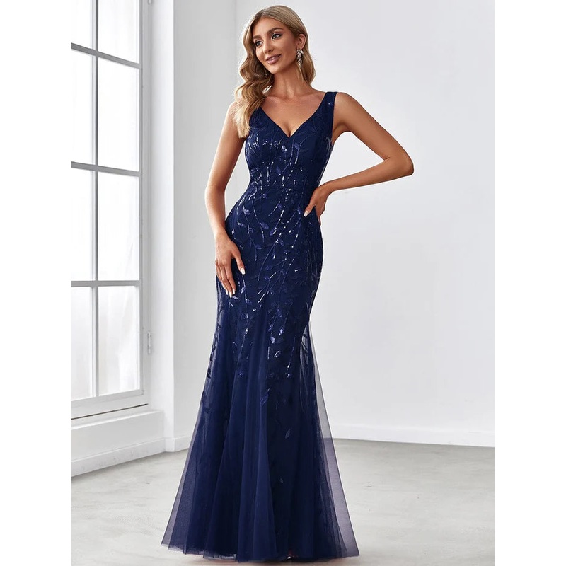 Women's Double V-Neck Fishtail Sequins Evening Dress