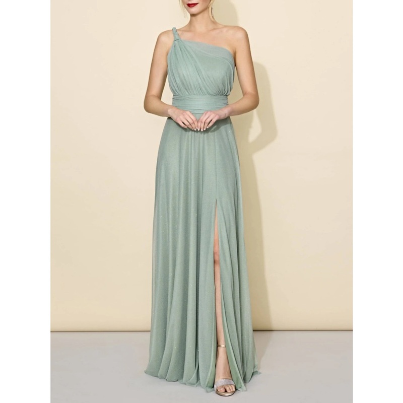 A-Line Bridesmaid Dress One Shoulder Sleeveless Elegant Floor Length Tulle with Split Front / Ruching