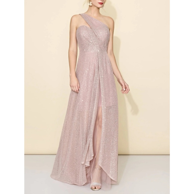 A-Line Bridesmaid Dress One Shoulder Sleeveless Elegant Sweep / Brush Train Sequined with Split Front / Ruching