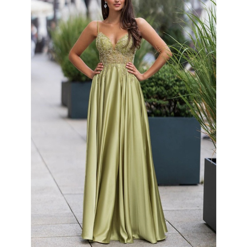 A-Line Bridesmaid Dress Spaghetti Strap Sleeveless Elegant Floor Length Stretch Satin with Lace / Ruching