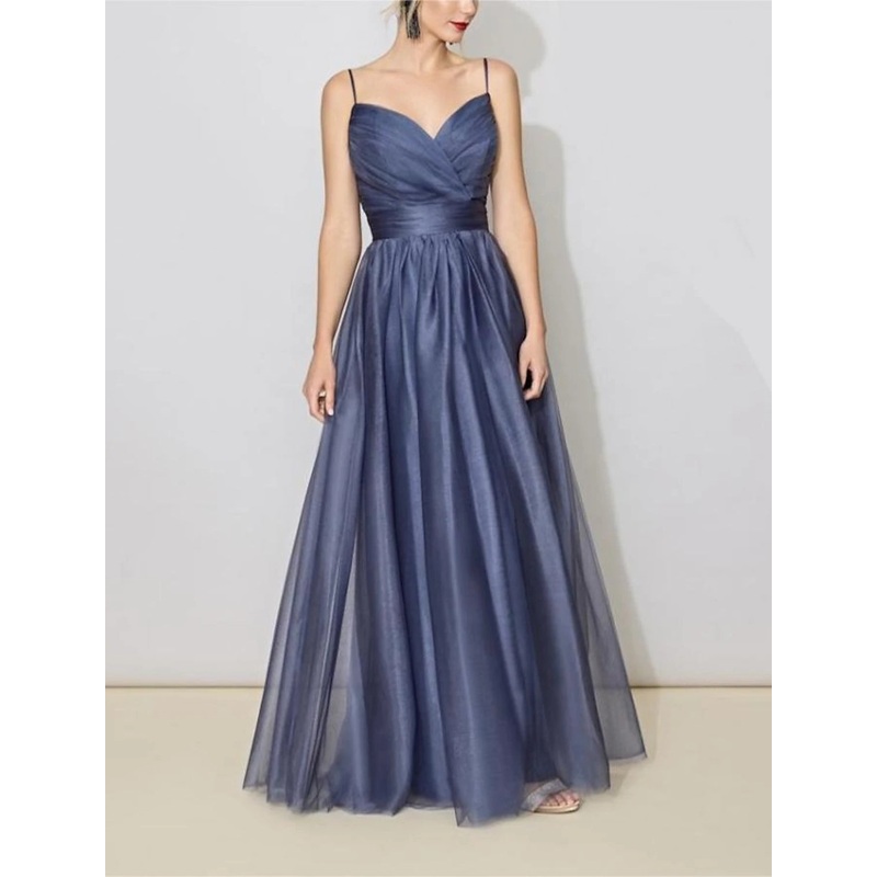 A-Line Bridesmaid Dress V Neck Sleeveless Elegant Floor Length Tulle with Ruching