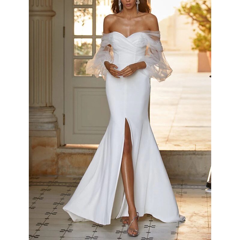 Hall Simple Wedding Dresses Mermaid / Trumpet Off Shoulder Long Sleeve Sweep / Brush Train Satin Bridal Gowns With Split Front
