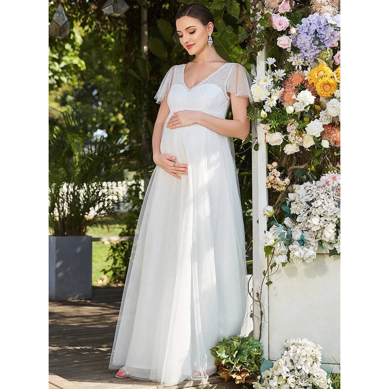 Sheer Flutter Sleeve V-neck Maxi Maternity Dress