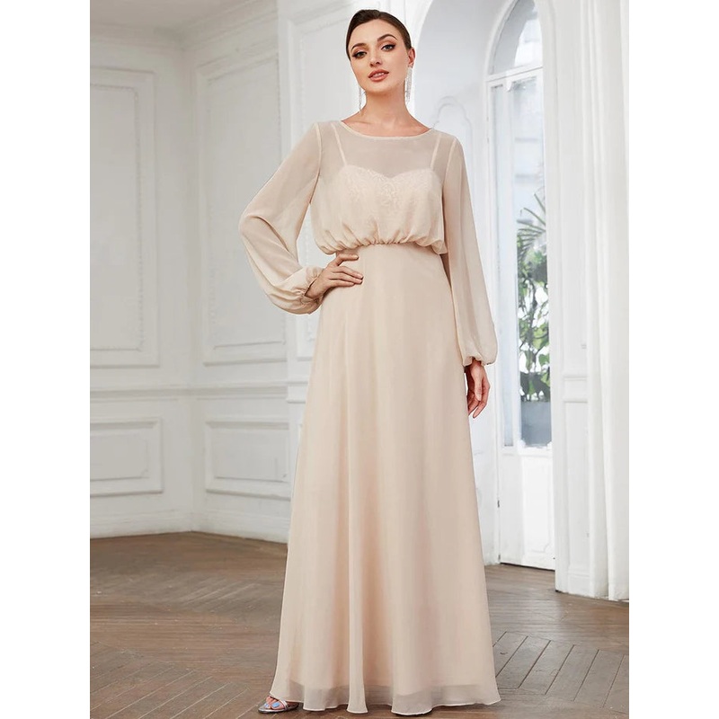 Sheer Peasant Long Sleeve Overlay Illusion Chiffon Evening Dress