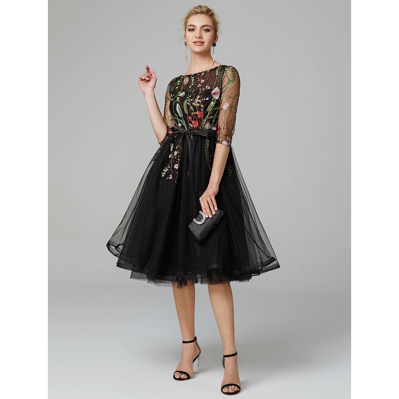 A-Line Black Dress Vintage Wedding Guest Cocktail Party Knee Length Long Sleeve Illusion Neck Wednesday Addams Family Tulle with Embroidery Appliques