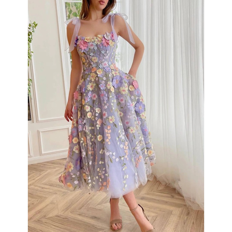 A-Line Cocktail Dresses Corsets Dress Wedding Guest Summer Tea Length Sleeveless Scoop Neck Bridesmaid Dress Tulle with Appliques