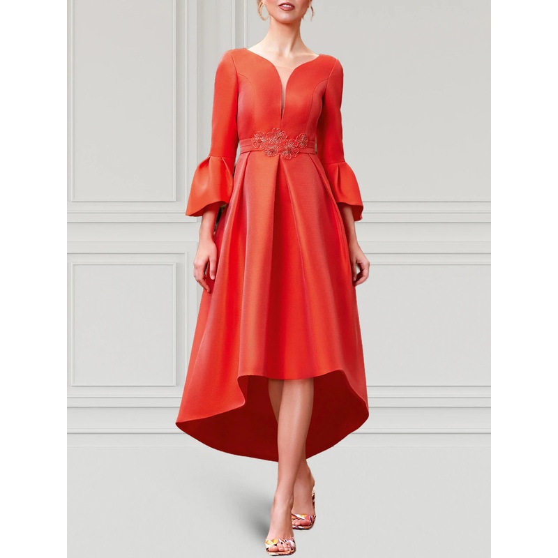 A-Line Cocktail Dresses Elegant Dress Formal Wedding Guest Asymmetrical 3/4 Length Sleeve V Neck Satin with Pleats