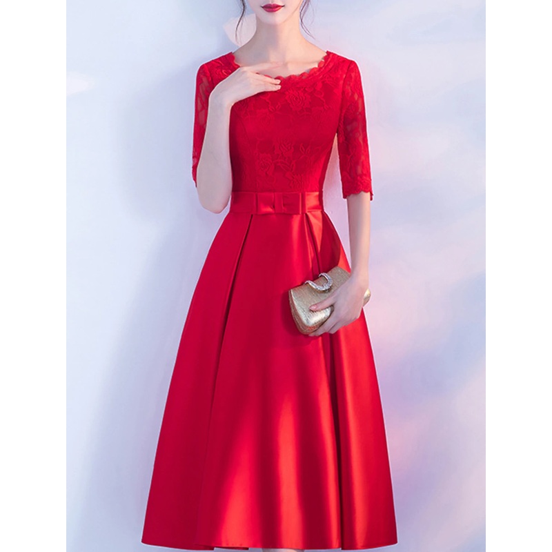 A-Line Cocktail Dresses Elegant Dress Party Wear Cocktail Party Tea Length Half Sleeve Jewel Neck Satin with Bow(s) Pleats Embroidery