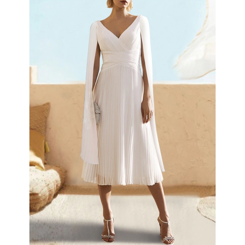A-Line Cocktail Dresses Elegant Dress Semi Formal Tea Length Short Sleeve V Neck Fall Wedding Guest Chiffon with Shawl