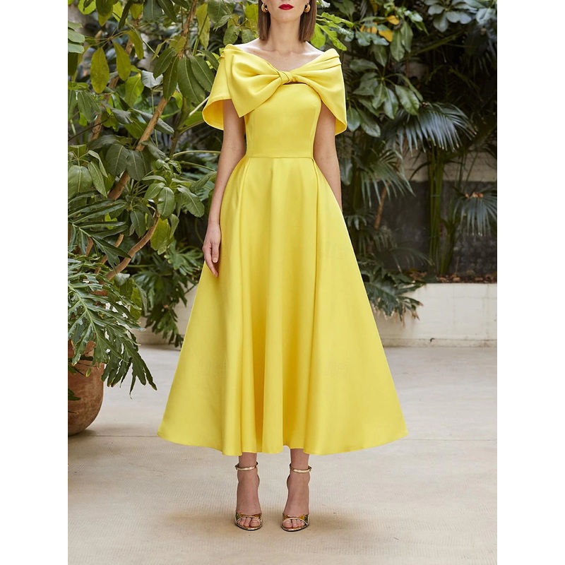 A-Line Cocktail Dresses Elegant Dress Wedding Cocktail Party Tea Length Short Sleeve Off Shoulder Italy Satin with Bow(s)