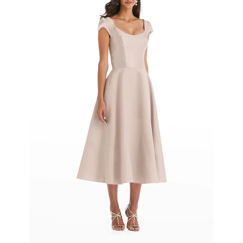 A-Line Cocktail Dresses Elegant Dress Wedding Guest Engagement Tea Length Short Sleeve Scoop Neck Italy Satin with Draping