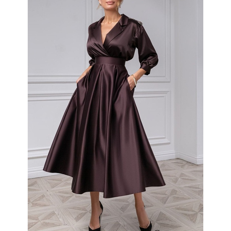 A-Line Cocktail Dresses Elegant Dress Wedding Guest Evening Party Tea Length 3/4 Length Sleeve Shirt Collar Satin with Pleat