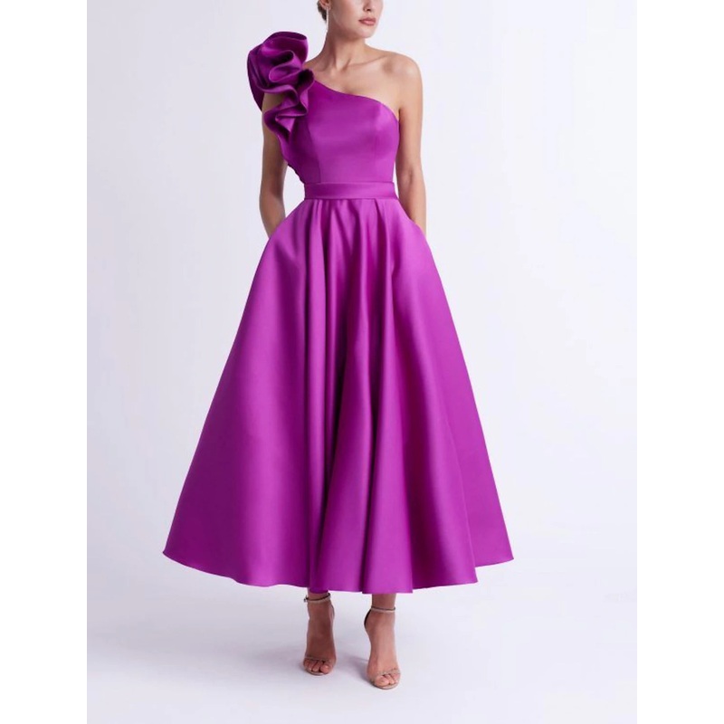 A-Line Cocktail Dresses Elegant Dress Wedding Guest Party Wear Ankle Length Sleeveless One Shoulder Pocket Satin with Ruffles