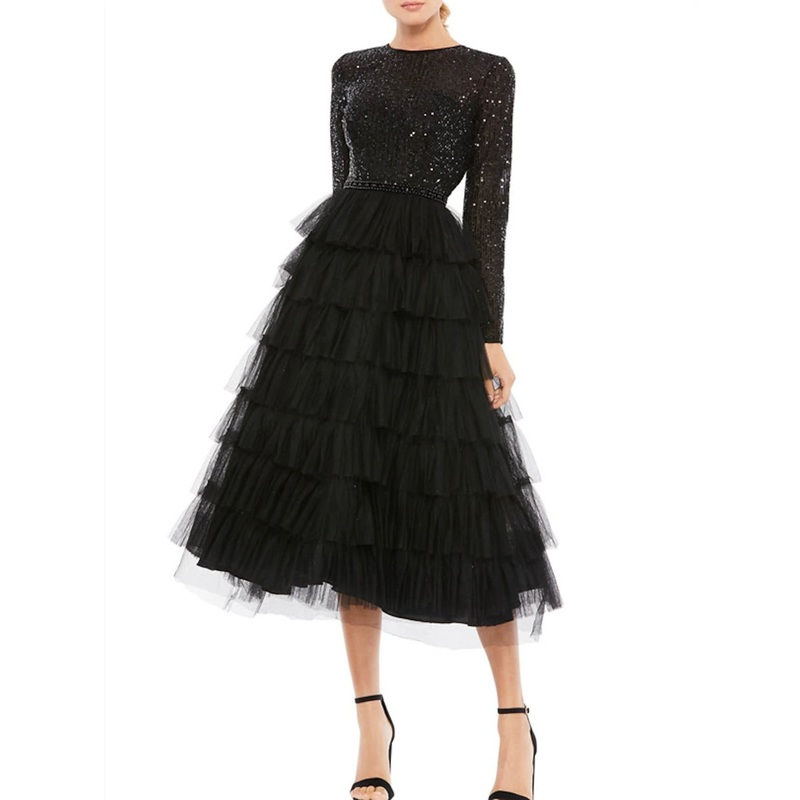 A-Line Cocktail Dresses Elegant Dress Wedding Guest Party Wear Tea Length Long Sleeve Jewel Neck Fall Wedding Guest Tulle with Sequin Tiered