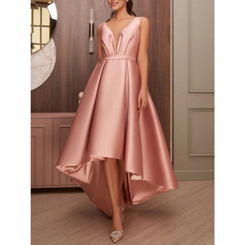 A-Line Cocktail Dresses Elegant Dress Wedding Wedding Guest Asymmetrical Sleeveless V Neck Satin with Bow(s) Pleats