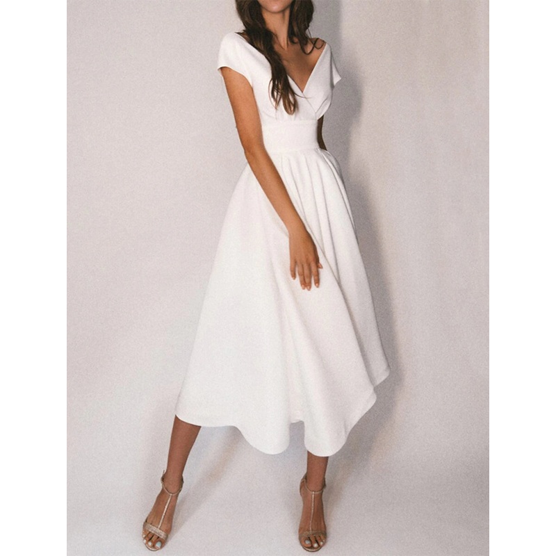 A-Line Cocktail Dresses Party Dress Wedding Guest Homecoming Tea Length Short Sleeve Off Shoulder Stretch Fabric with Sleek Pure Color