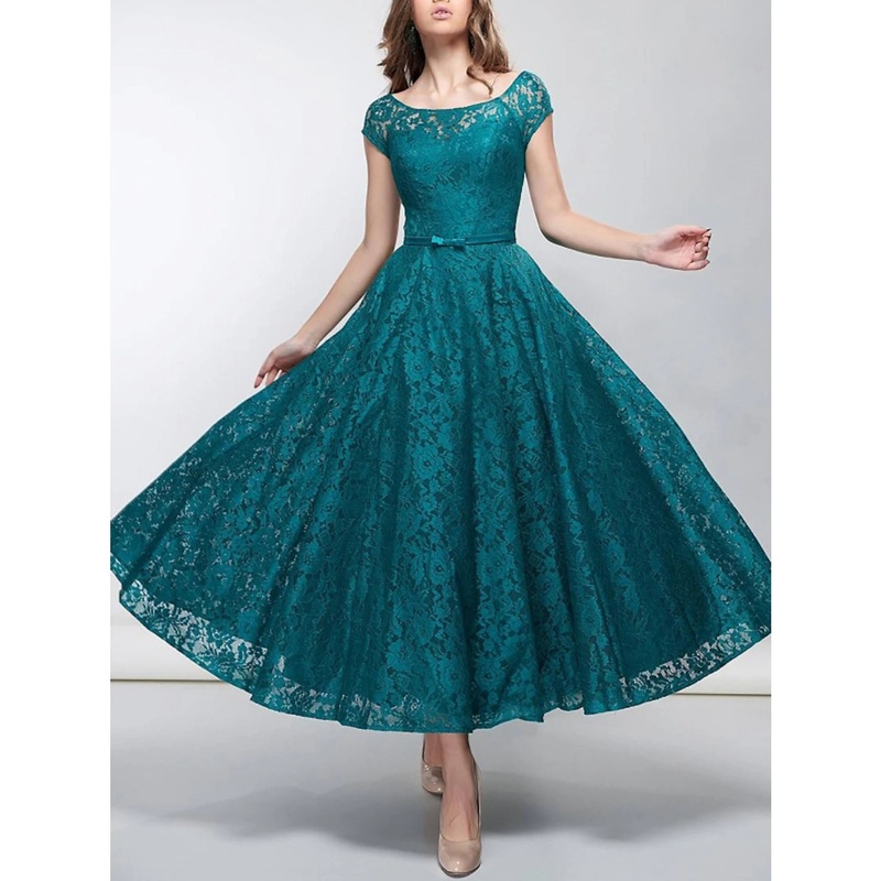 A-Line Cocktail Party Dress Elegant Dress Formal Ankle Length Short Sleeve Scoop Neck Fall Wedding Reception Satin with Bow(s) Pleats