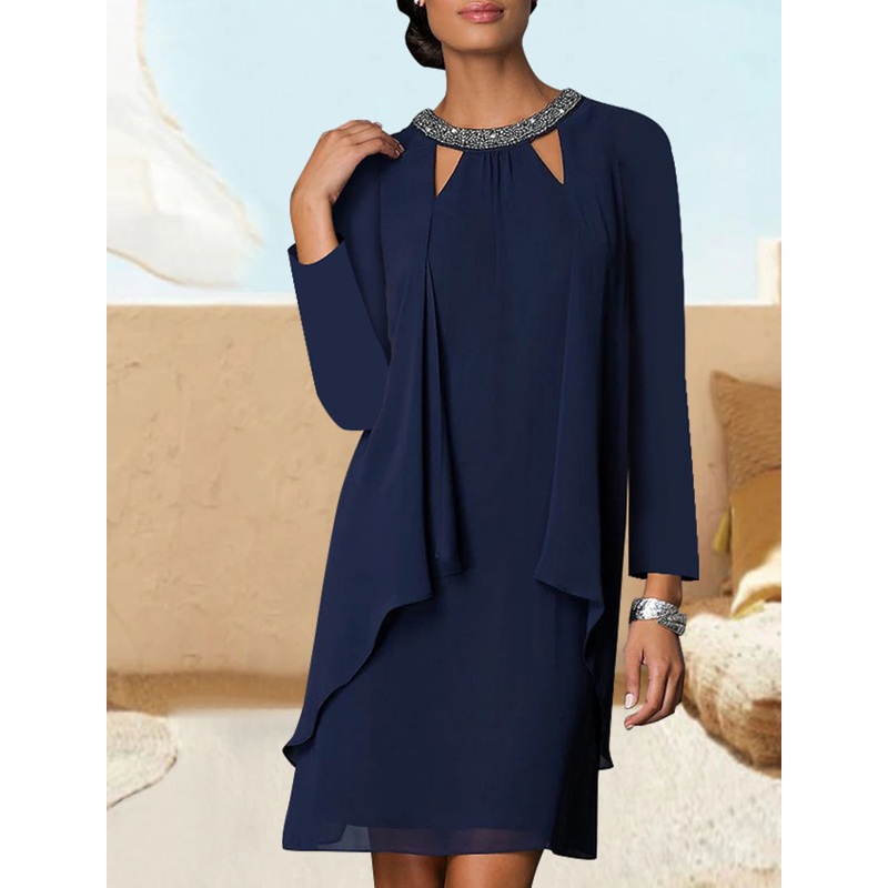 A-Line Cocktail Party Dress Elegant Dress Prom Short / Mini Long Sleeve Jewel Neck Fall Wedding Guest Chiffon with Crystals Pure Color