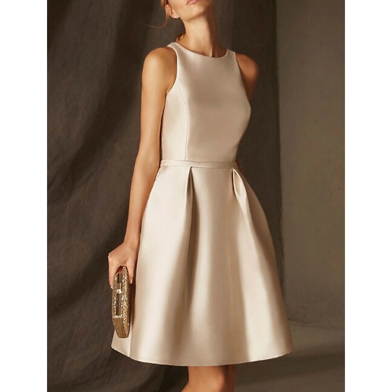 A-Line Cocktail Party Dress Elegant Kentucky Derby Dress Homecoming Short / Mini Sleeveless Jewel Neck Satin with Lace Insert
