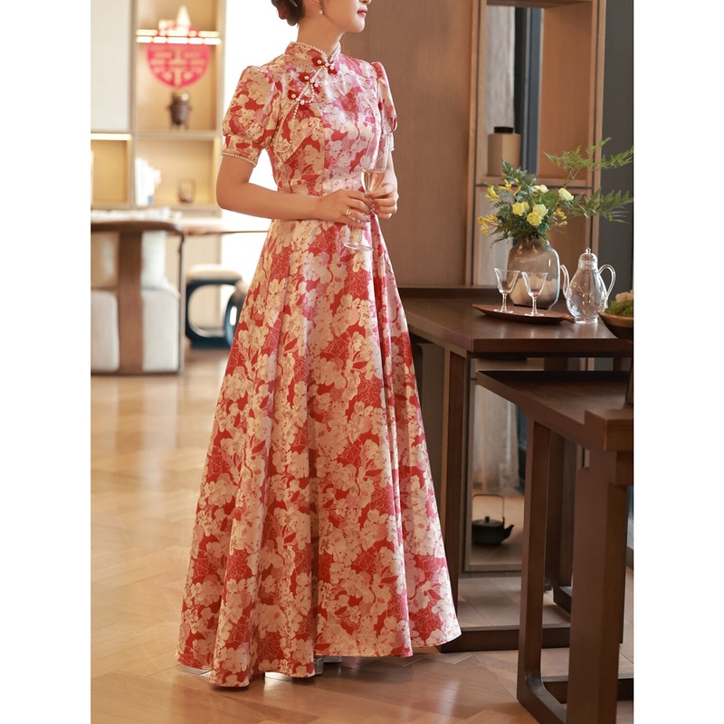 A-Line Evening Gown Elegant Dress Engagement Floor Length Half Sleeve Stand Collar Satin with Pearls Strappy