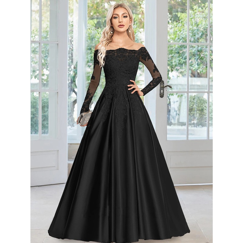A-Line Evening Gown Elegant Dress Formal Wedding Guest Court Train Long Sleeve Off Shoulder Satin with Appliques