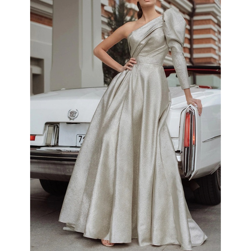 A-Line Evening Gown Elegant Dress Formal Wedding Guest Floor Length Long Sleeve One Shoulder Sequined with Pleats