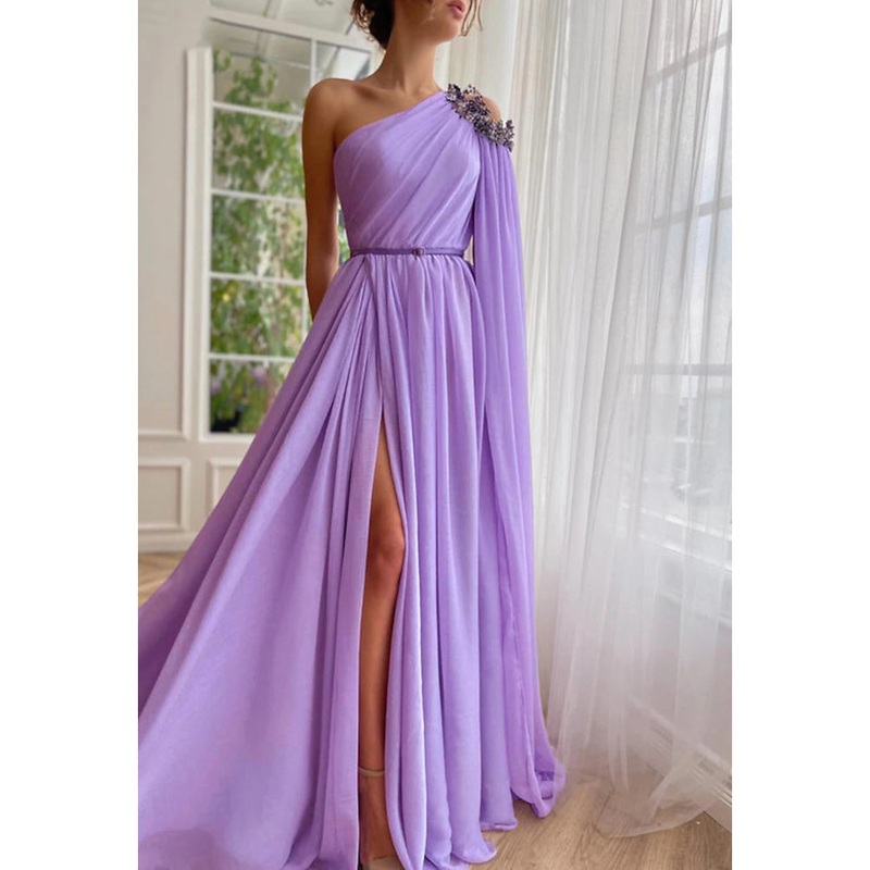 A-Line Evening Gown Elegant Dress Formal Wedding Guest Sweep / Brush Train Sleeveless One Shoulder Capes Chiffon with Slit Shawl