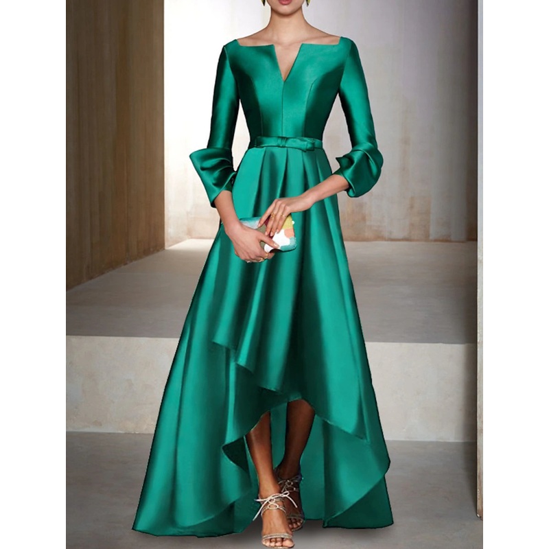 A-Line Evening Gown Elegant Dress Red Green Dress Formal Wedding Guest Floor Length 3/4 Length Sleeve V Neck Satin with Bow(s)