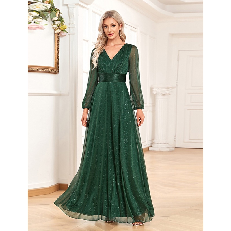 A-Line Evening Gown Sparkle & Shine Dress Formal Wedding Party Dress Floor Length Long Sleeve V Neck Chiffon with Sequin