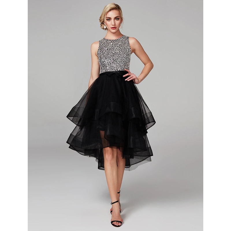 Ball Gown Cocktail Black Dress Vintage Dress Halloween Masquerade Knee Length Sleeveless Jewel Neck The Great Gatsby Satin with Rhinestone Cascading Ruffles