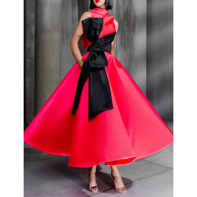Ball Gown Color Block Celebrity Style Elegant Prom Formal Evening Birthday Dress Red Green Dress High Neck Sleeveless Ankle Length Satin with Bow(s)