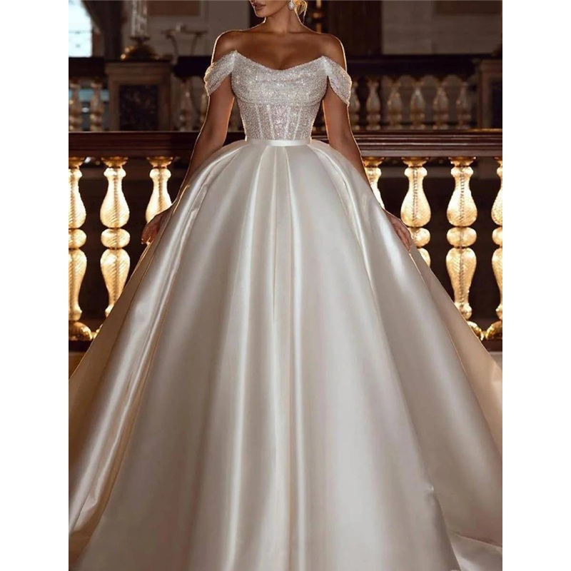 Engagement Formal Glitter & Sparkle Wedding Dresses Ball Gown Off Shoulder Cap Sleeve Chapel Train Satin Bridal Gowns With Solid Color
