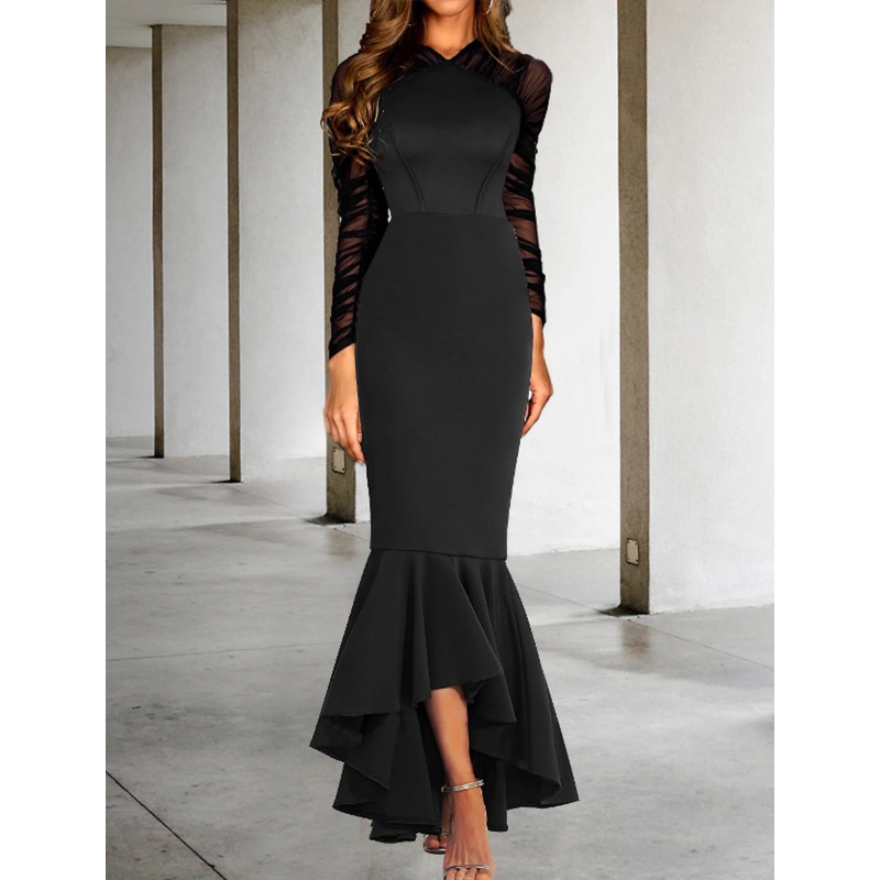 Mermaid / Trumpet Prom Dresses Elegant Dress Formal Wedding Guest Asymmetrical Long Sleeve V Neck Stretch Fabric with Ruched Ruffles