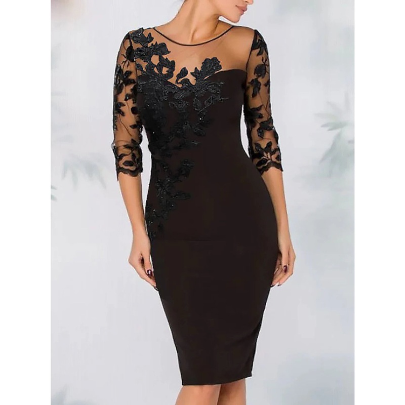 Sheath Cocktail Elegant Dress Fall Wedding Guest Dress Long Sleeve Black Dress Midi Dress Floral Embroidery Illusion Neck With Beading Lace