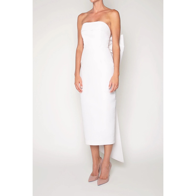 Sheath / Column Cocktail Dresses Party Dress Wedding Guest Engagement Tea Length Sleeveless Strapless Fall Wedding Reception Satin with Bow(s)