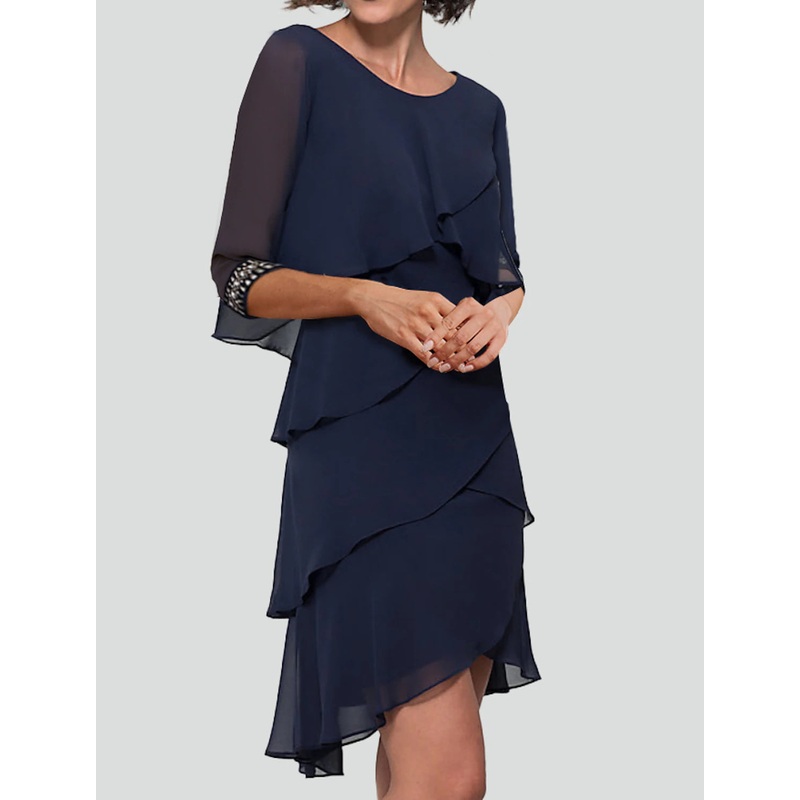 Sheath Party Dress Cocktail Dresses Tiered Plisse Dress Semi Formal Knee Length Half Sleeve Jewel Neck Fall Wedding Guest Chiffon with Rhinestone Ruffles