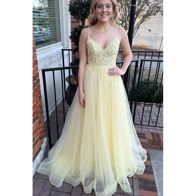 Yellow V Neck Tulle Long Prom Dresses with Appliques