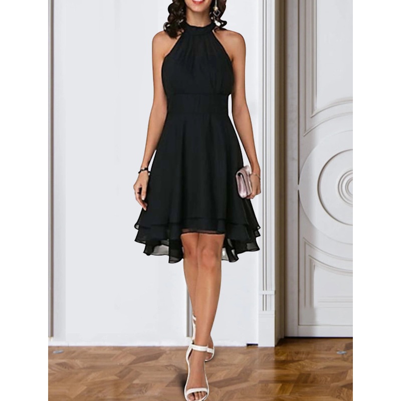 A-Line Cocktail Dresses Party Dress Wedding Guest Engagement Knee Length Sleeveless Halter Neck Chiffon V Back with Sleek Tiered