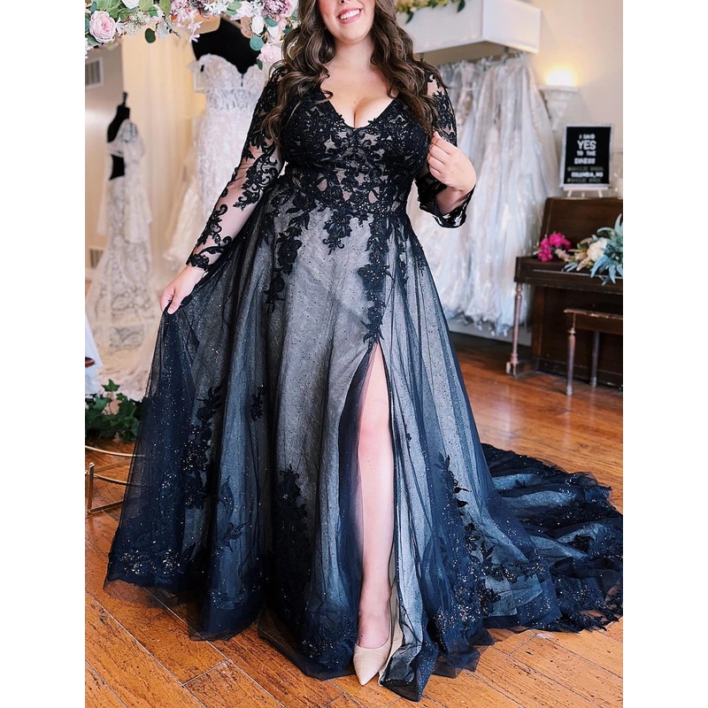 A-Line Evening Gown Black Dress Formal Wedding Court Train Sleeveless V Neck Fall Wedding Reception Tulle with Slit Appliques