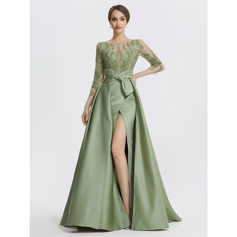 A-Line Evening Gown Elegant Dress Formal Floor Length 3/4 Length Sleeve Jewel Neck Satin with Slit Embroidery Appliques
