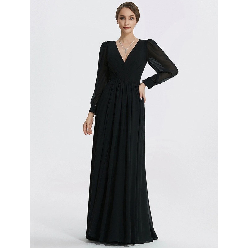 A-Line Evening Gown Elegant Dress Formal Floor Length Long Sleeve V Neck Chiffon with Slit