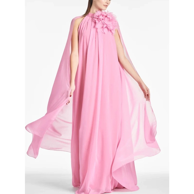A-Line Evening Gown Elegant Dress Formal Prom Floor Length Sleeveless Jewel Neck Chiffon with Shouder Flower
