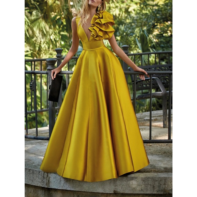 A-Line Evening Gown Elegant Dress Formal Wedding Guest Floor Length Sleeveless V Neck Satin with Shouder Flower