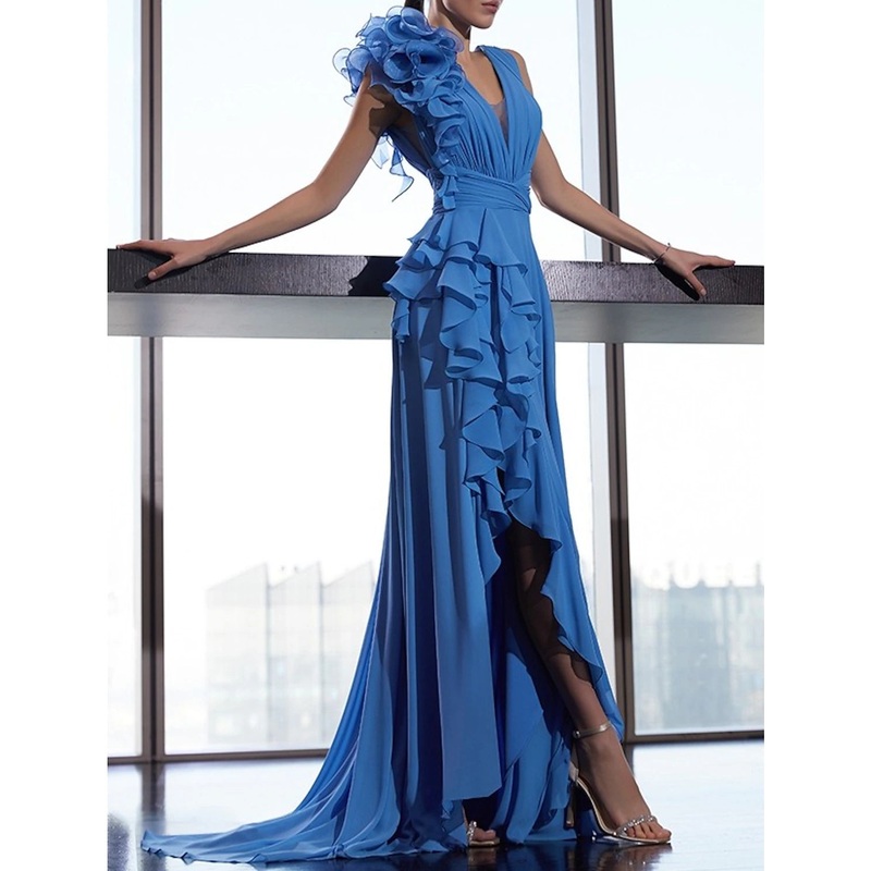 A-Line Evening Gown Floral Dress Formal Prom Court Train Sleeveless V Neck Fall Wedding Guest Chiffon with Ruffles Shouder Flower