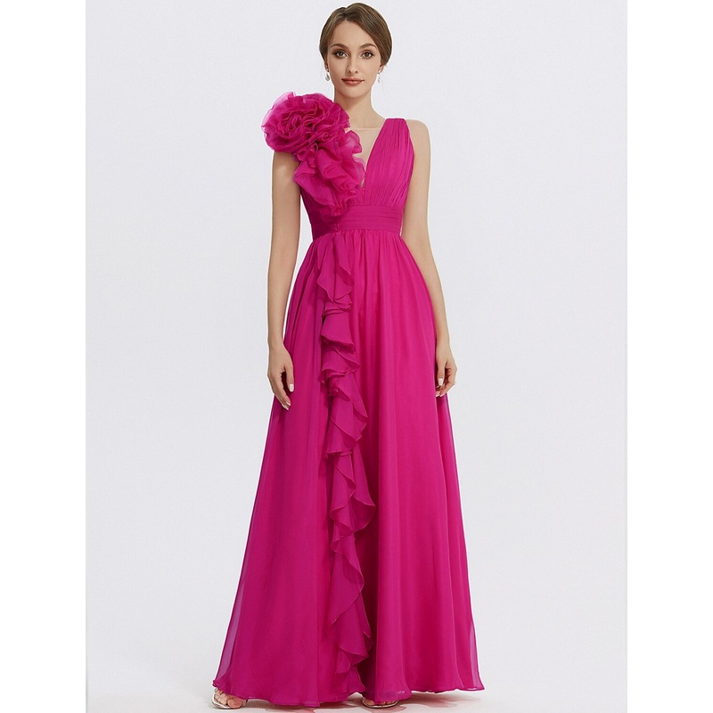A-Line Evening Gown Floral Dress Formal Wedding Guest Floor Length Sleeveless V Neck Chiffon with Ruched Appliques