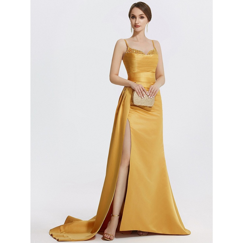 A-Line Evening Gown Sparkle Dress Wedding Prom Sweep / Brush Train Sleeveless Spaghetti Strap Satin with Rhinestone Ruched
